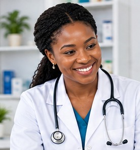 A smiling doctor with a stethoscope, seated at a laptop