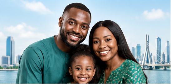 A Nigerian family smiling together, with the Lagos skyline behind them