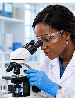 A masked laboratory scientist examining a sample under a microscope