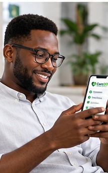 A hand holding a phone showing the Care247 health records screen