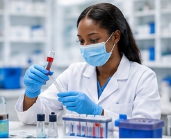 A laboratory scientist in protective gloves examining a blood sample
