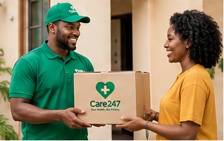 A Care247 delivery courier handing a medicine package to a customer